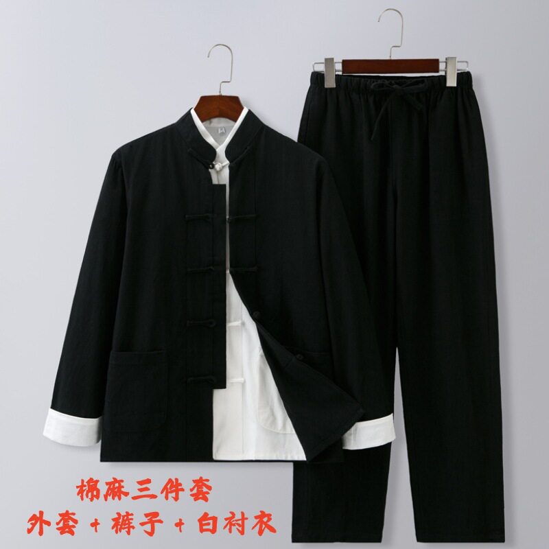 云梦集唐装男春季三件套中式棉麻套装中国风汉服复古盘扣中青年