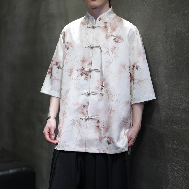 云梦集2025夏季款印花汉服中国风中式立领汉服七分袖衬衫唐装盘扣