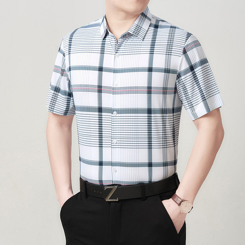 织造局高档男装中年格子衬衣商务休闲速干桑蚕丝无痕开衫短袖衬衫