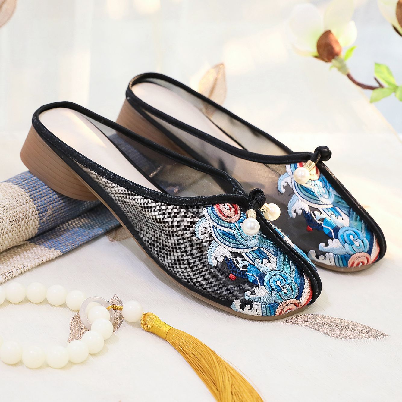 云梦集新款夏款拖鞋女网纱凉鞋搭配旗袍鞋民族风外穿绣花古风改良