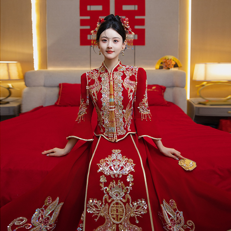 云梦集秀2025新款新娘结婚礼服丝绒敬酒服中式嫁衣显瘦修身出阁服