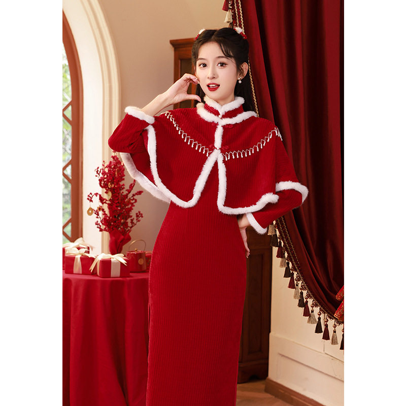 云梦集红色旗袍冬款加厚加绒长袖服新娘订婚结婚披肩套装冬天新中