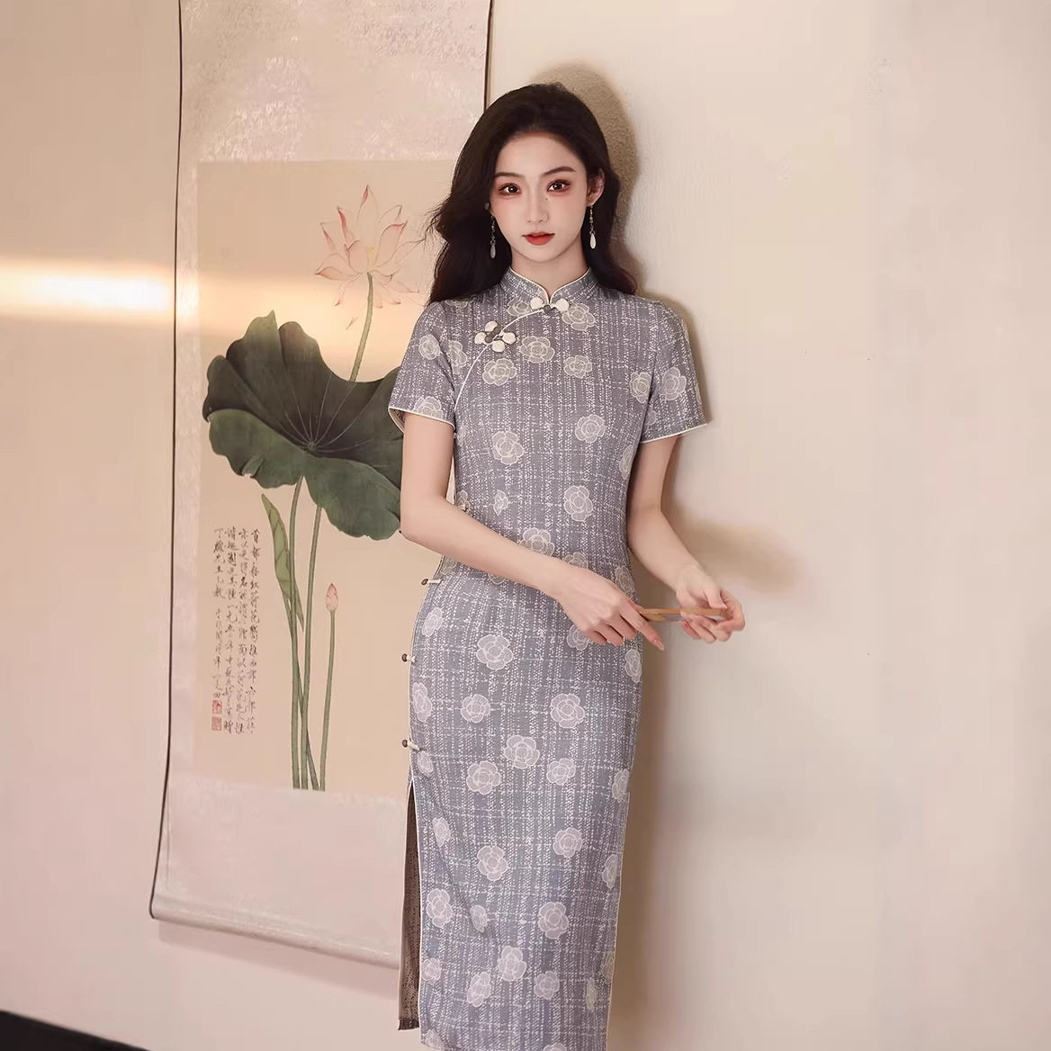 织造局蓝色旗袍新款夏季改良年轻款少女新中式日常可穿纯色长款修