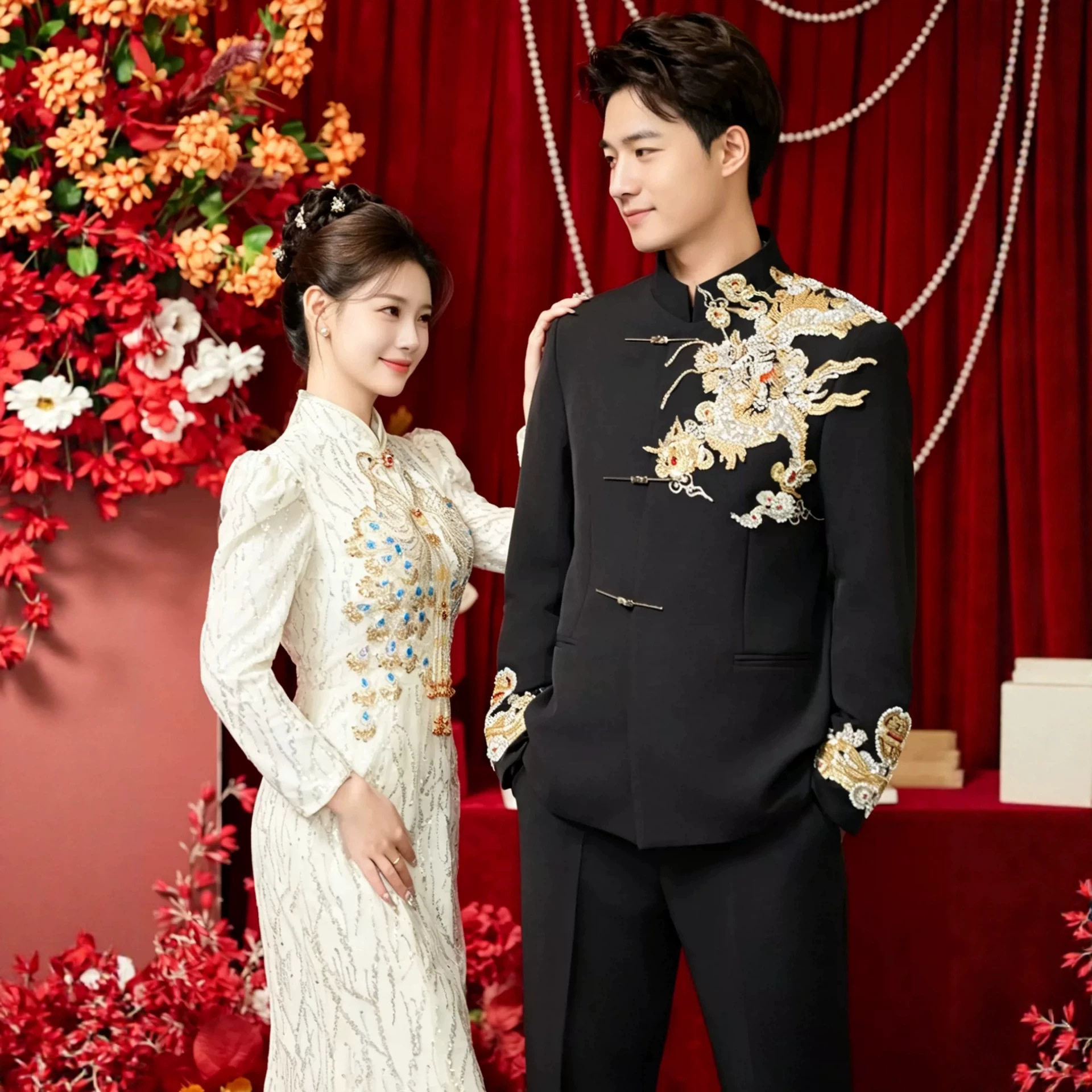 织造局新中式结婚新郎礼服重工金龙刺绣立领中山装套装订婚西装