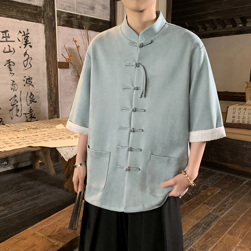 云梦集2025夏中国风男装唐装汉服鹿皮绒短袖衬衫衬衣大码宽松拼接