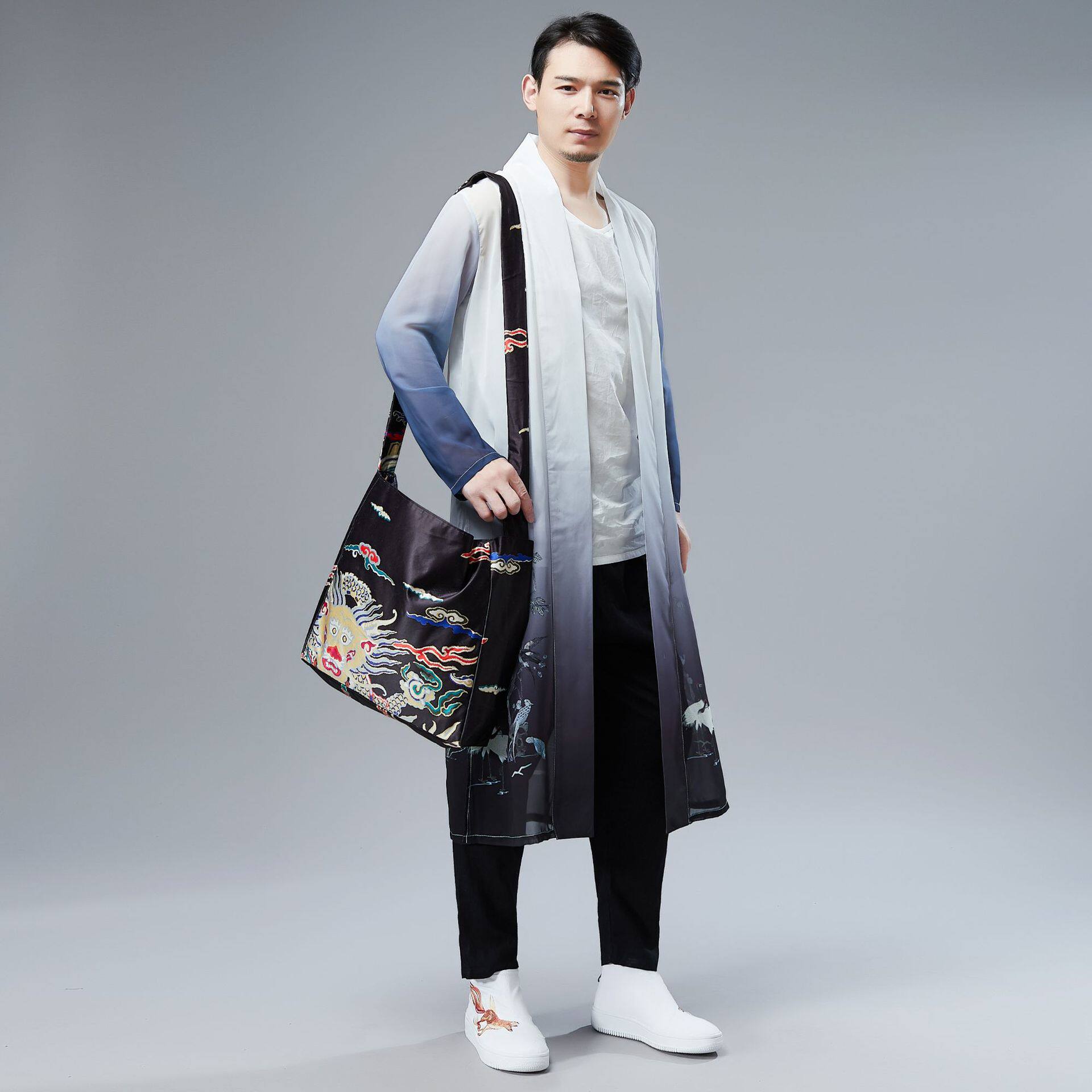织造局夏季百鸟长衫中国风男装雪纺印花长衫薄款休闲衣中式服