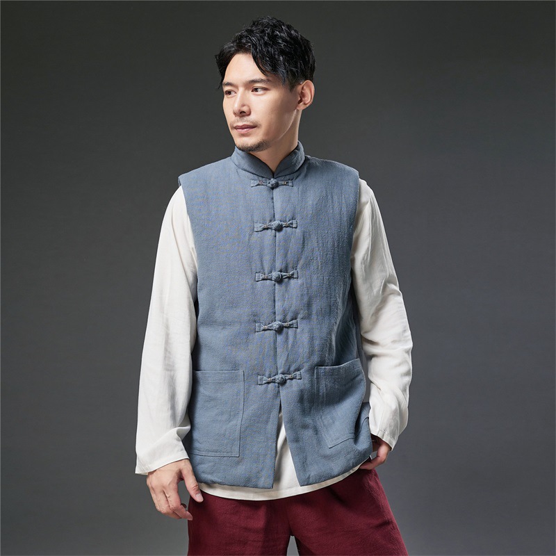 云梦集秋冬夹棉纯色立领马甲 中国风男士外穿无袖开衫 民族服饰