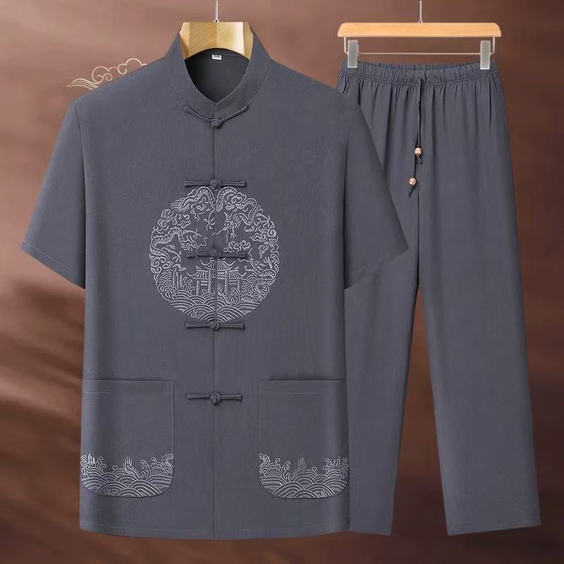 云梦集夏季中老年爸爸男士短袖唐装套装 国风绣花宽松老人爷爷汉