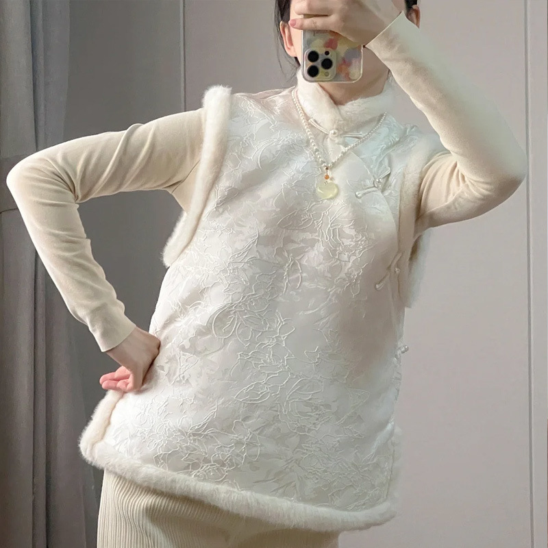 云梦集改良加厚毛毛马甲秋冬女新款唐装国风旗袍小袄保暖马褂外套