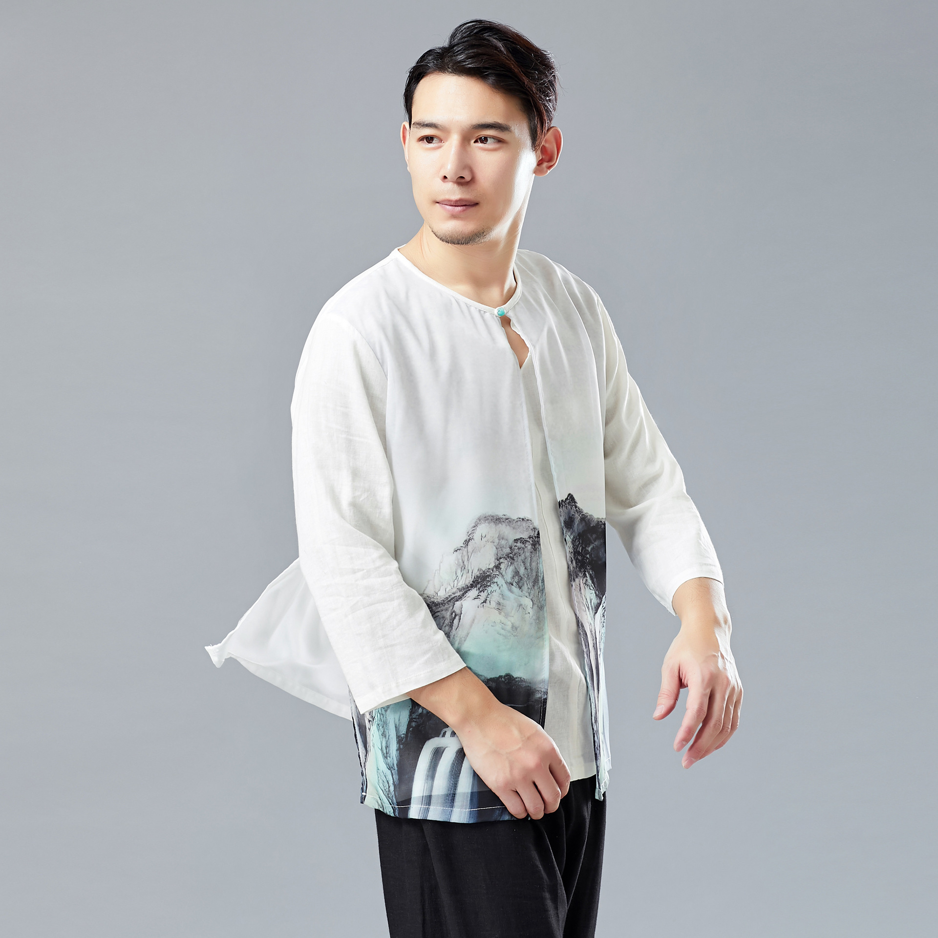 云梦集2025新款 玉扣山水 复古中国风雪纺男上衣七分袖衬衫民族服