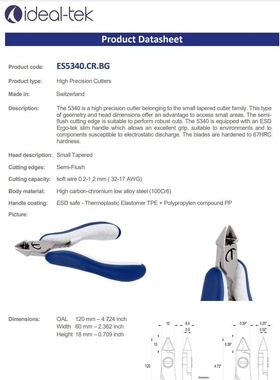 ideal-tek剪线钳ES5340 蓝色防静电剪线钳0.2-1.2mm