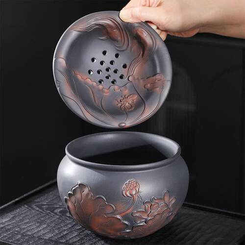 创意复古紫陶茶渣缸水盂茶洗桌面废水缸收纳垃圾桶干湿分离带过滤