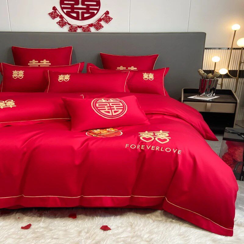 结婚床上用品四件套婚庆红色婚房喜被床单被套被单婚礼大红色新婚