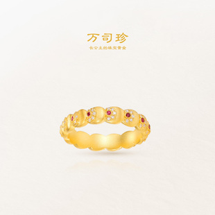 万司珍手工古法黄金 幸运孔雀翎镶钻戒指 足金戒指红宝石纯金礼物