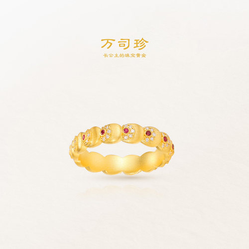万司珍手工古法黄金 幸运孔雀翎镶钻戒指 足金戒指红宝石纯金礼物