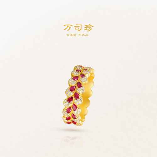 万司珍手工古法黄金 孔雀翎双排镶钻戒指 红宝石足金戒指纯金礼物