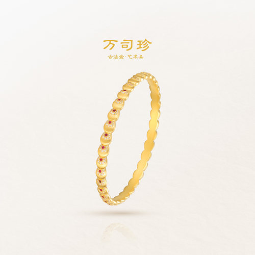 万司珍手工古法黄金 幸运孔雀翎镶钻手镯 足金手镯红宝石纯金礼物