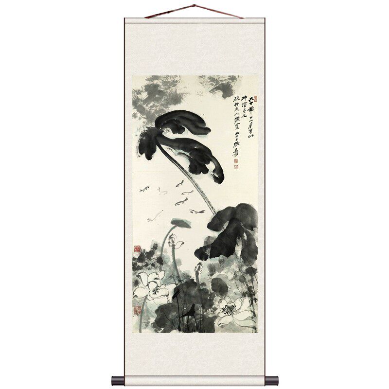 张大千水墨荷国画鸟挂画条幅丝绸画卷轴画已装裱礼品