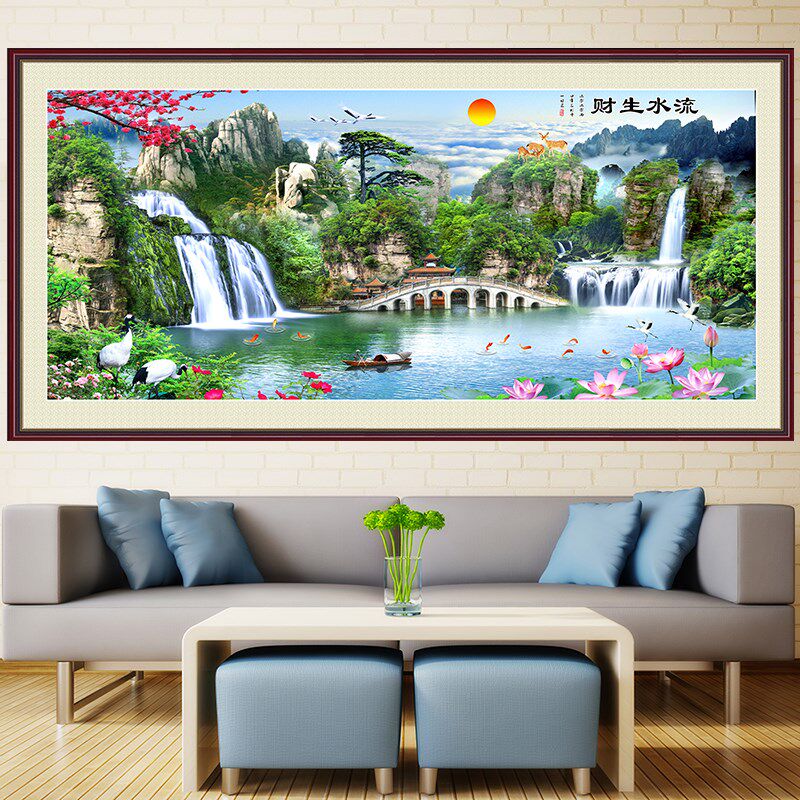 流水生客厅画山水画墙装饰画背景墙自粘油画布风景壁画迎客松