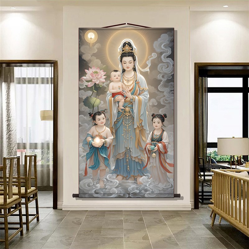 送子观音挂画像卷轴求子送子娃娃五子观音图结缘装饰画