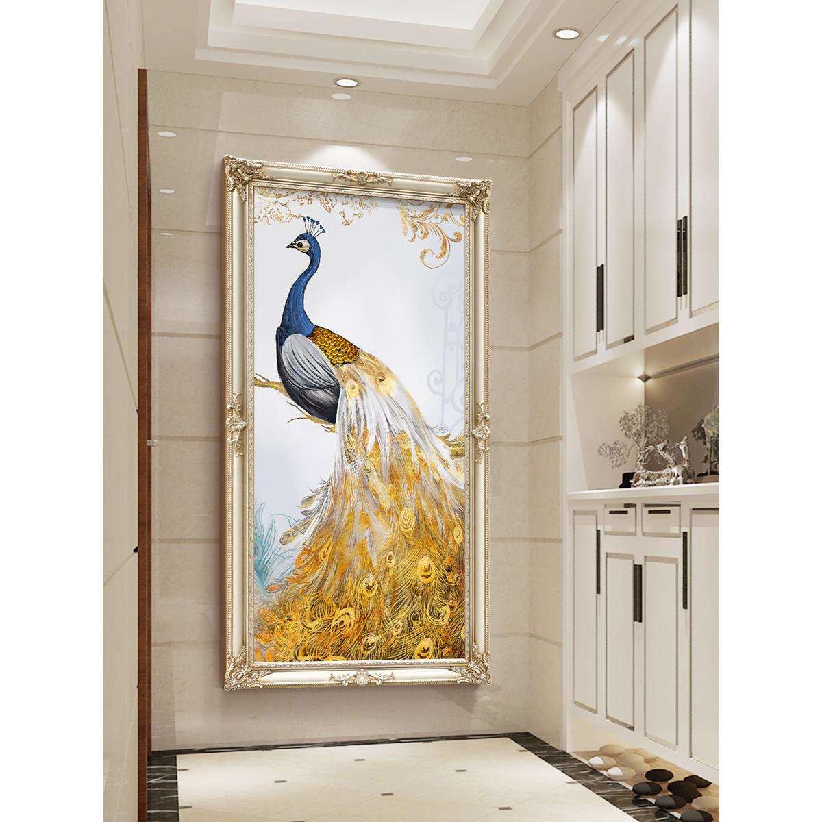 玄关进门装饰画竖版简欧挂画欧式走廊壁画美式孔雀动物大芬油画村