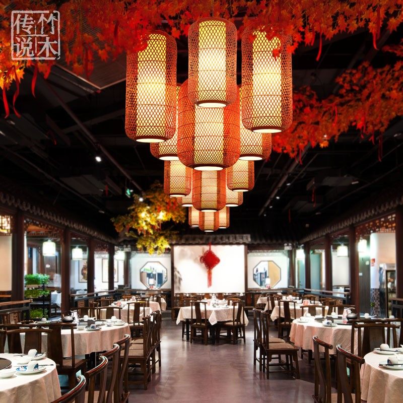 餐饮竹编大红灯古典茶楼饭店餐馆鸟灯具饭店卡座竹灯