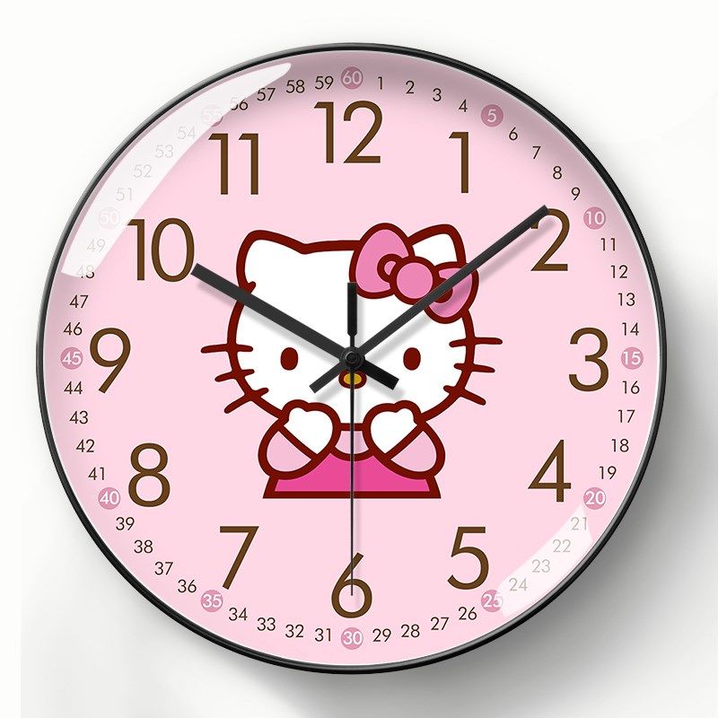 粉色挂钟女生爱猫钟表凯蒂猫儿童房自动对时钟电波钟静