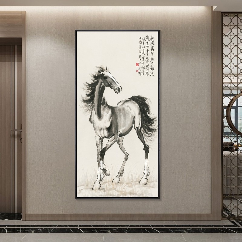 马到成功挂画玄关画马徐悲鸿装饰画骏马奔马图大气客厅过道壁画竖