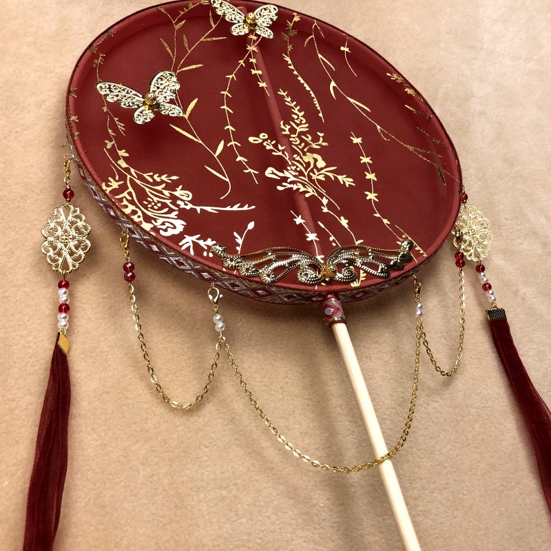 手工长流苏团扇古风汉服配饰烫金半透超仙破云扇白蓝色成品扇子