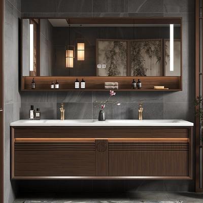 新中式橡木双台盆岩板热弯一体盆浴室柜组合洗漱台洗脸盆洗手盆柜
