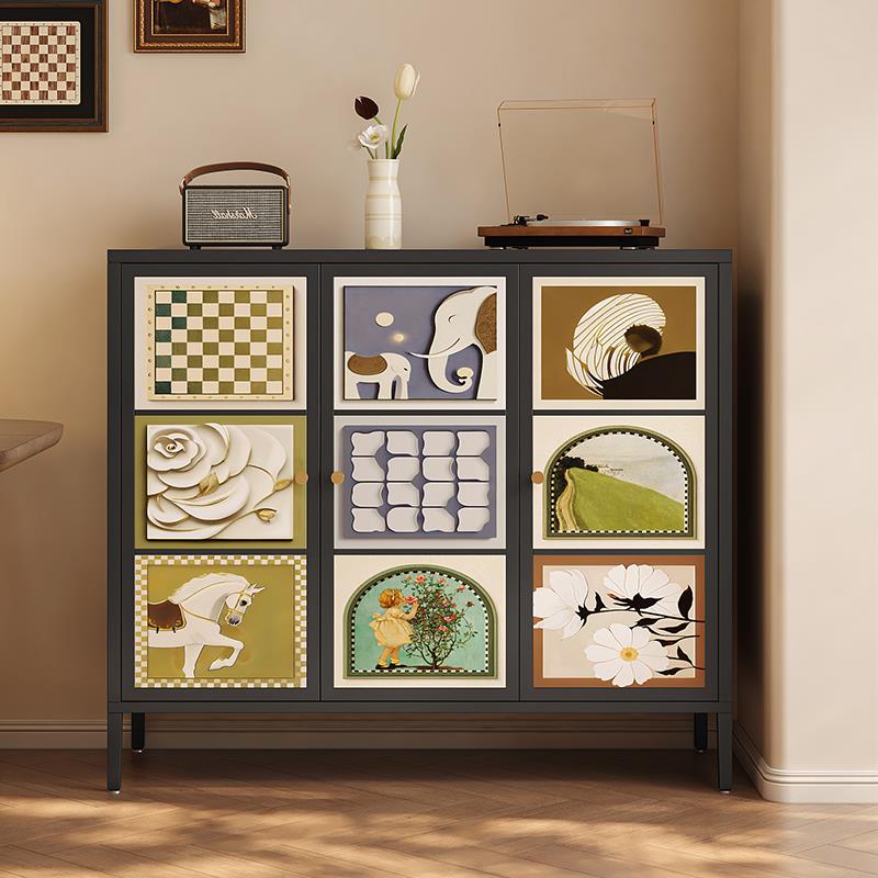 法式轻奢餐边柜钢制客厅家用新款中古风靠墙一体储物收纳柜子茶水