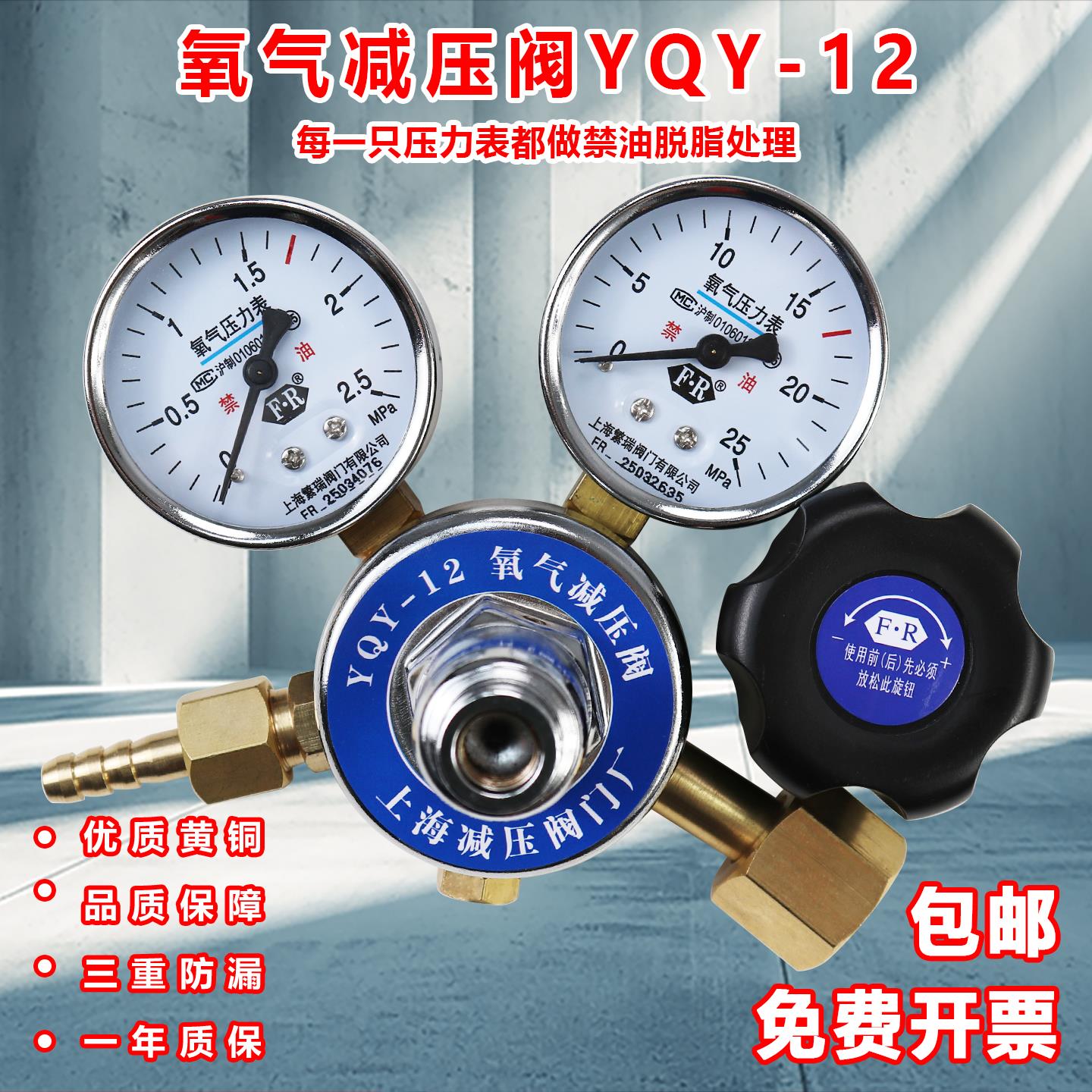 氧气减压阀YQY-12全铜气体减压器双头40升钢瓶双表压力表mpa繁瑞
