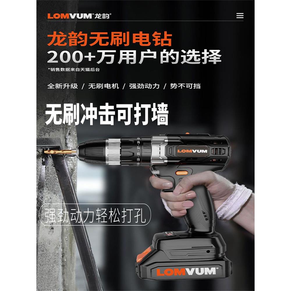龙韵无刷锂电钻20V双速冲击电钻 家用多功能可携式电动螺丝刀