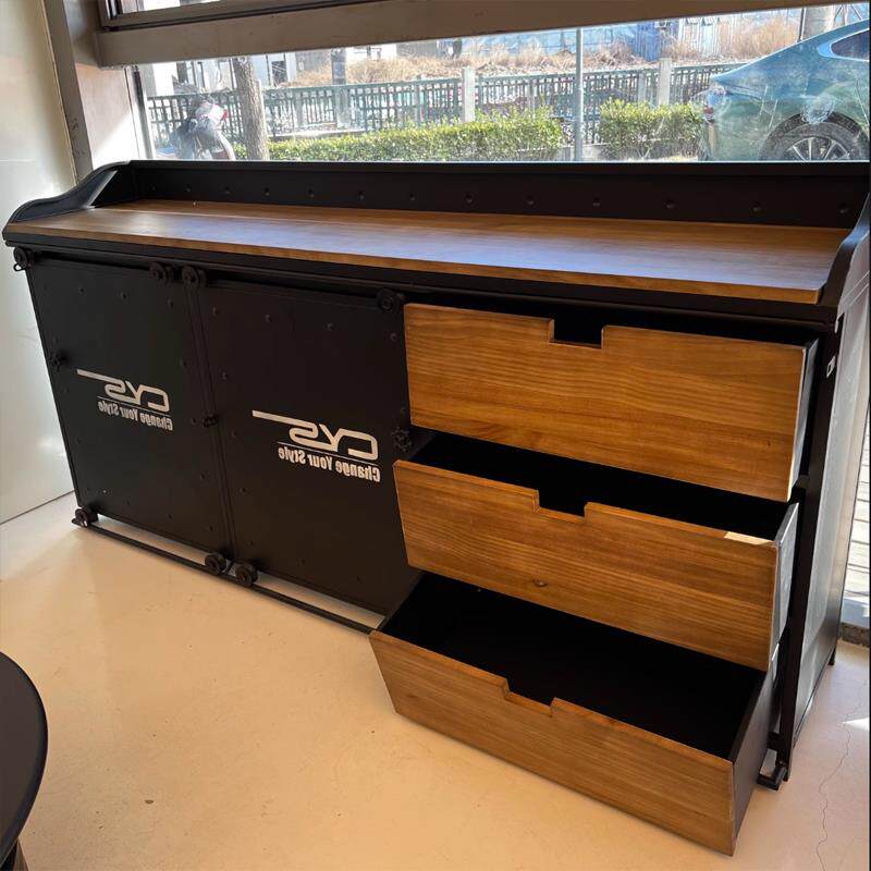 loft入户美式木板餐边柜复古储物柜铁艺工业风备餐台咖啡茶水柜台
