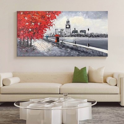 城市漫步红色枫树油画纯手绘肌理黑白建筑玄关挂画横版客厅装饰画