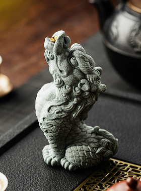 国潮青砂石麒麟香插茶室茶台客厅瑞兽器物养茶玩茶宠