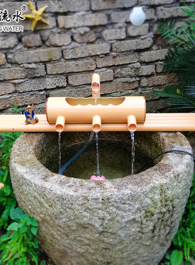 竹流水喷泉陶瓷鱼缸石槽过增氧循环竹筒 塑料竹子流水器