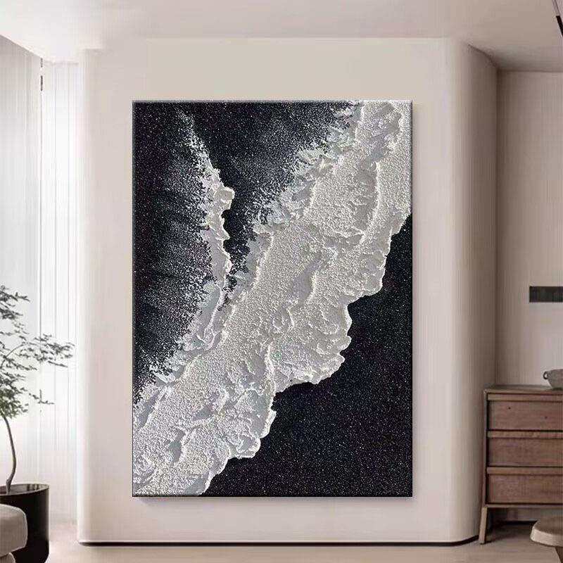 纯手绘油画黑白海浪客厅玄关装饰画砂岩立体肌理抽象走廊过道挂画