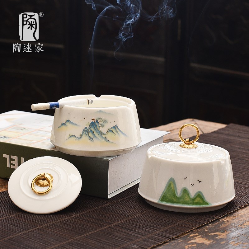 陶迷白瓷烟灰缸潮流大号带盖防飞灰灭烟缸羊脂玉