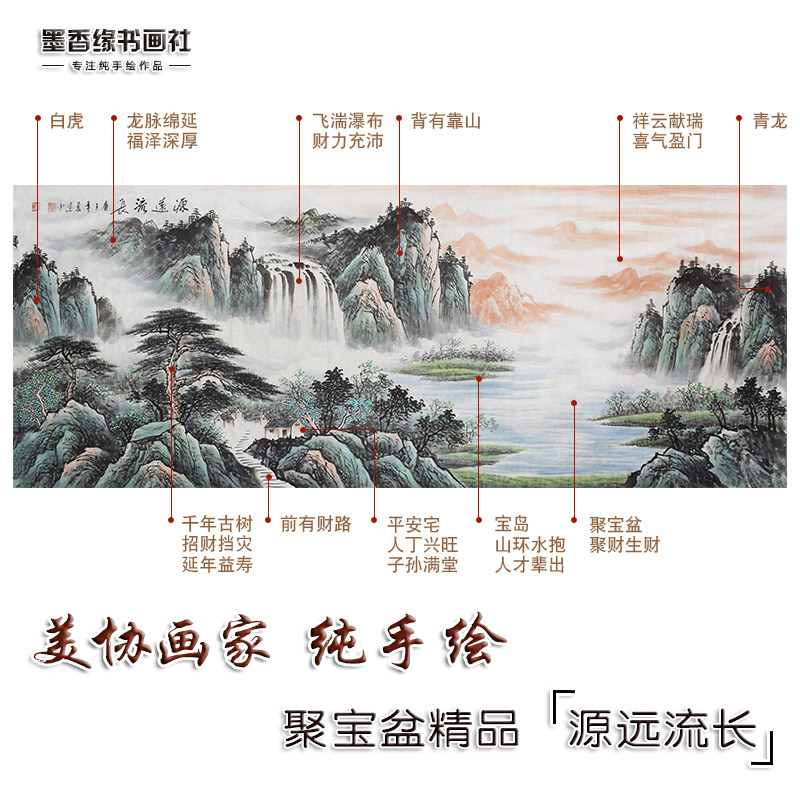 纯手绘远流长客厅办公室国画山水画招财聚宝盆靠山瀑布挂画真迹