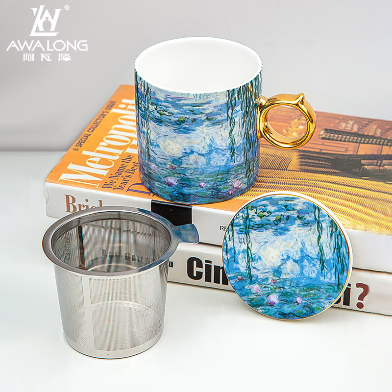 莫奈睡莲骨瓷泡茶杯茶水杯分离办公室喝水茶道杯带茶漏过杯子
