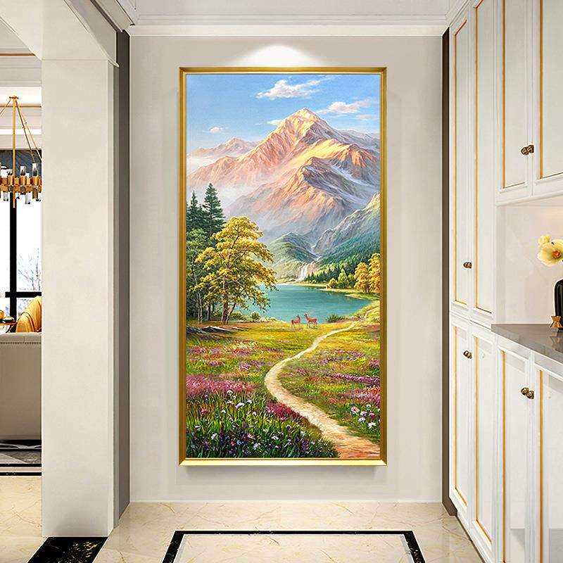 手绘油画风景山水金山聚宝盆轻奢玄关装饰画走廊过道挂画壁画