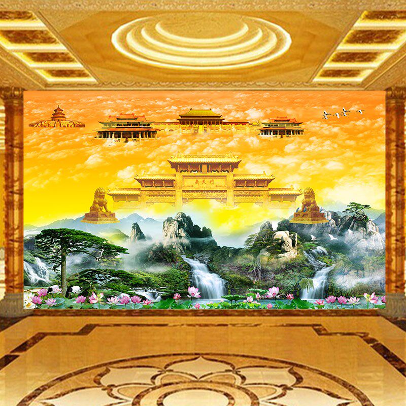 风景山水南天门墙纸佛道仙境云背景墙装饰画松树石狮流水莲壁纸
