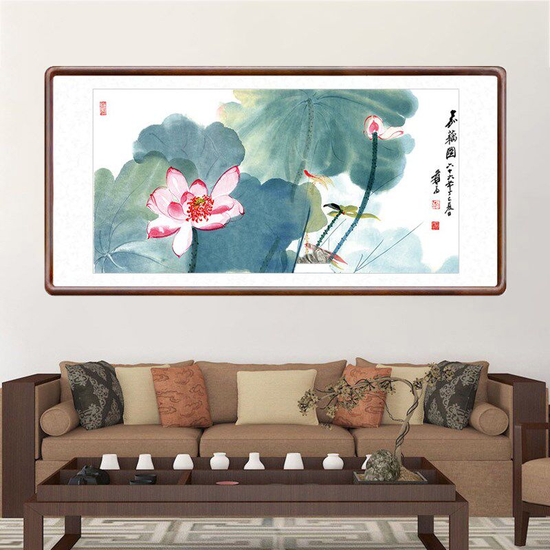 水墨荷客厅装饰画书房挂画办公室酒店横幅国画张大千嘉藕图
