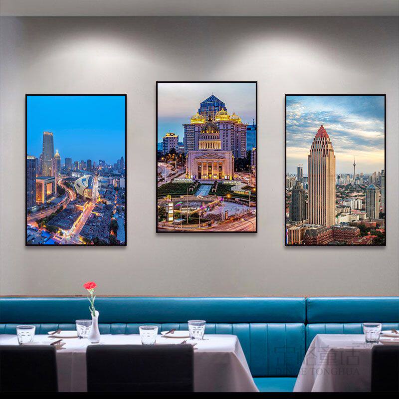 天津城市夜景装饰画现代风景客厅酒店床头挂画楼大厦建筑壁画