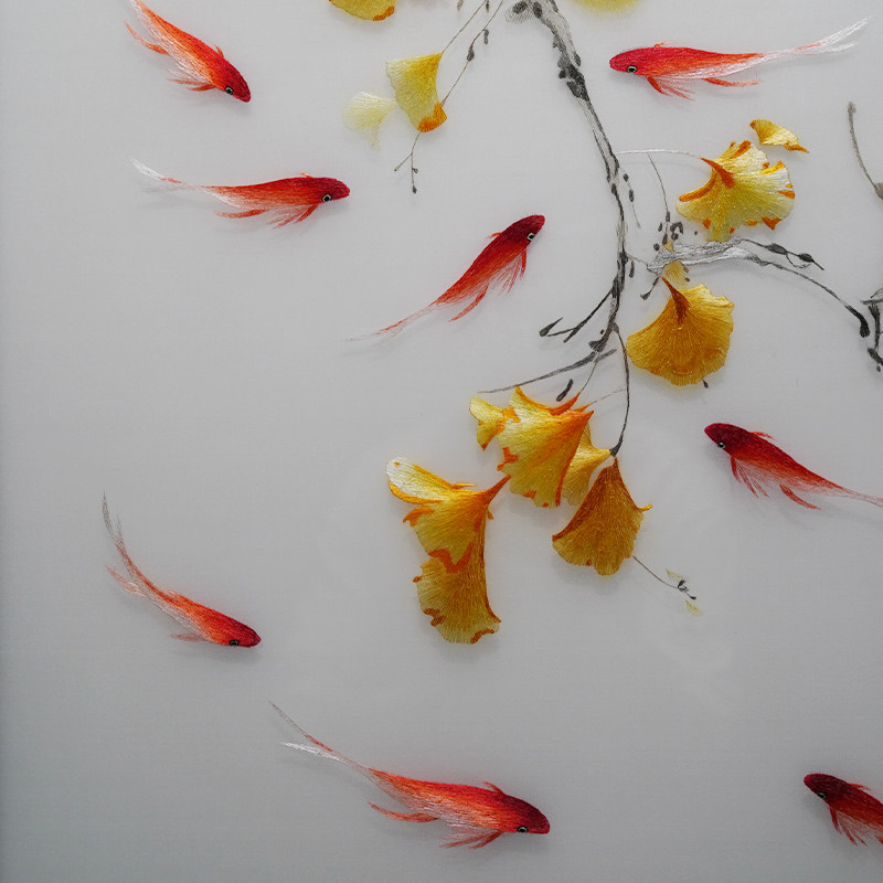 银杏九鱼新入户玄关客厅走廊装饰画纯手工刺绣画苏绣成品挂画