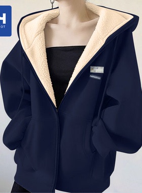 唐狮集团MH藏青色加绒外套女冬季2025新款爆款棉服上衣羊羔绒卫衣