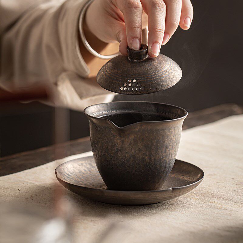 鎏金复古手抓壶铁锈釉茶壶旅行粗快客杯盖碗茶杯功夫茶具