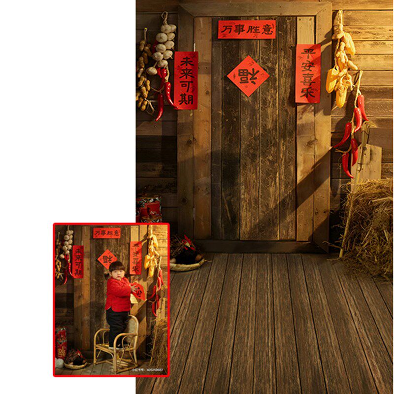 儿童春节贺岁拍照背景纸怀旧新年照背景复古木板摄影全家福背景布