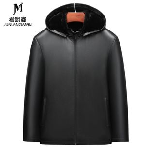 男士冬季真皮皮衣头层小牛皮夹克可拆卸帽加厚羊皮毛一体内胆外套